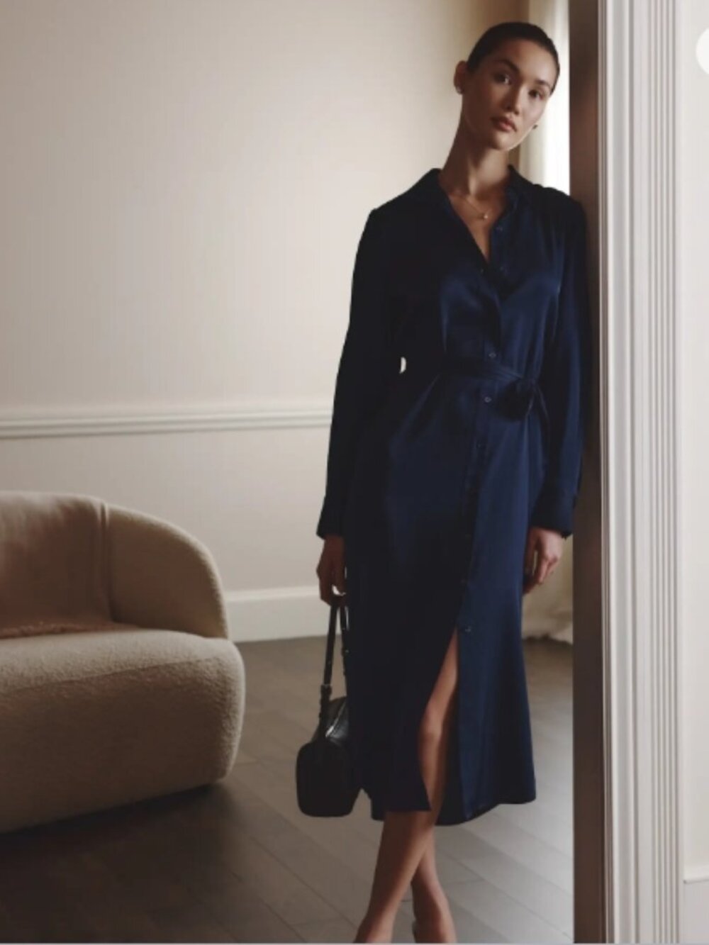 NWT $180 QUINCE Stretch Silk NAVY Maxi Shirt Dress sz Small/Med